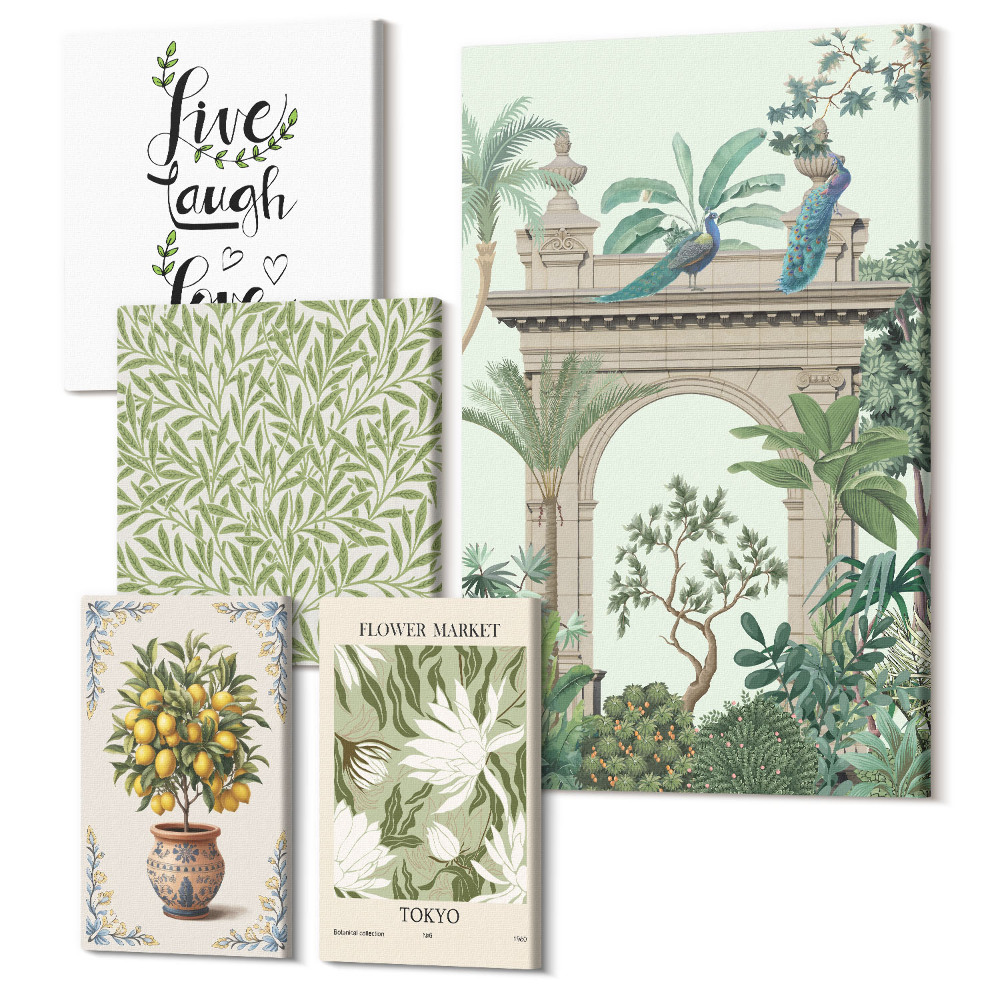 Sada obrazů pentaptych Rostlinné motivy s exotickými akcenty v boho stylu