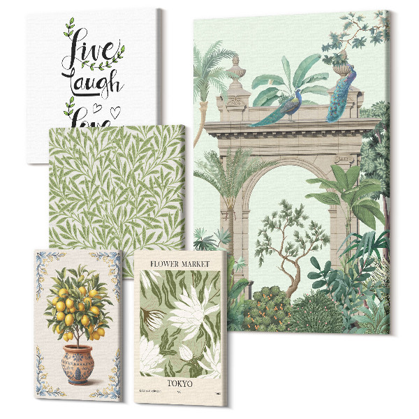 Sada obrazů pentaptych Rostlinné motivy s exotickými akcenty v boho stylu