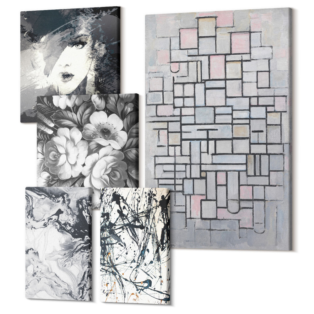 Sada 5 obrazů Abstraktní kompozice s květinami a portréty v moderním stylu