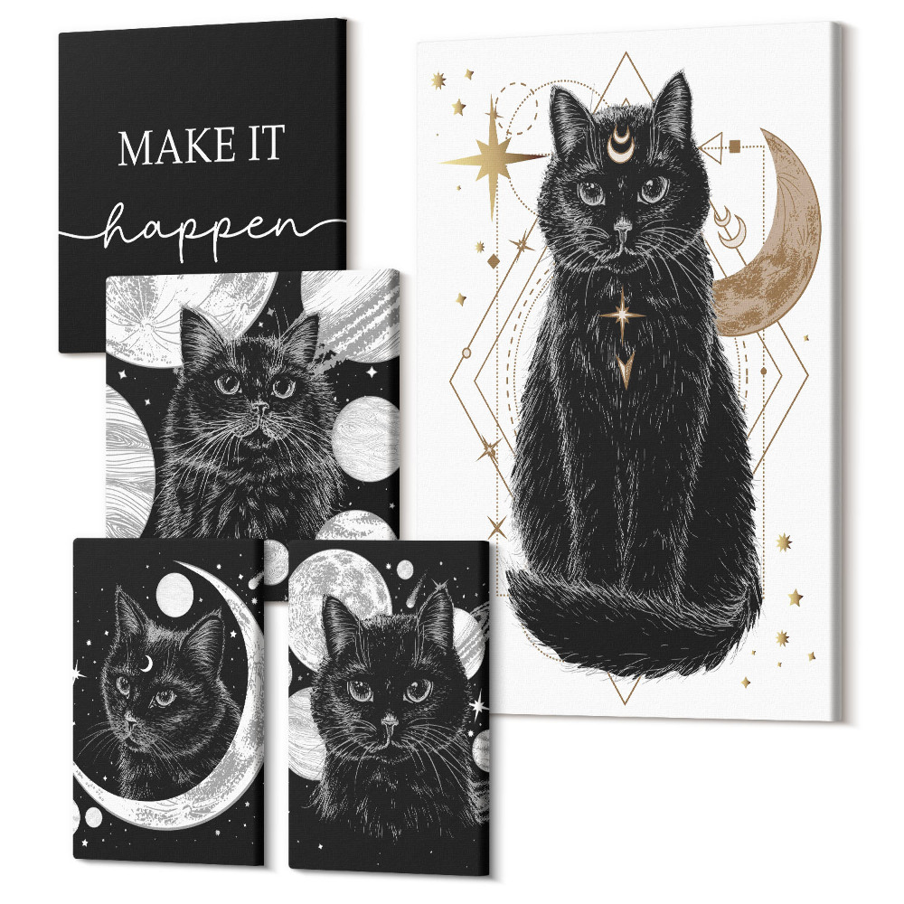 Sada 5 obrazů Černé boho kočky s vesmírnými motivy