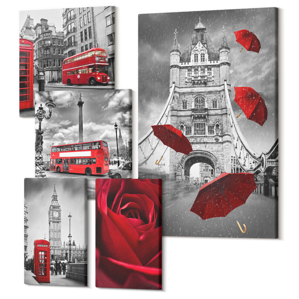Sada obrazů na zeď pentaptych Londýnské motivy s červenými akcenty a detaily