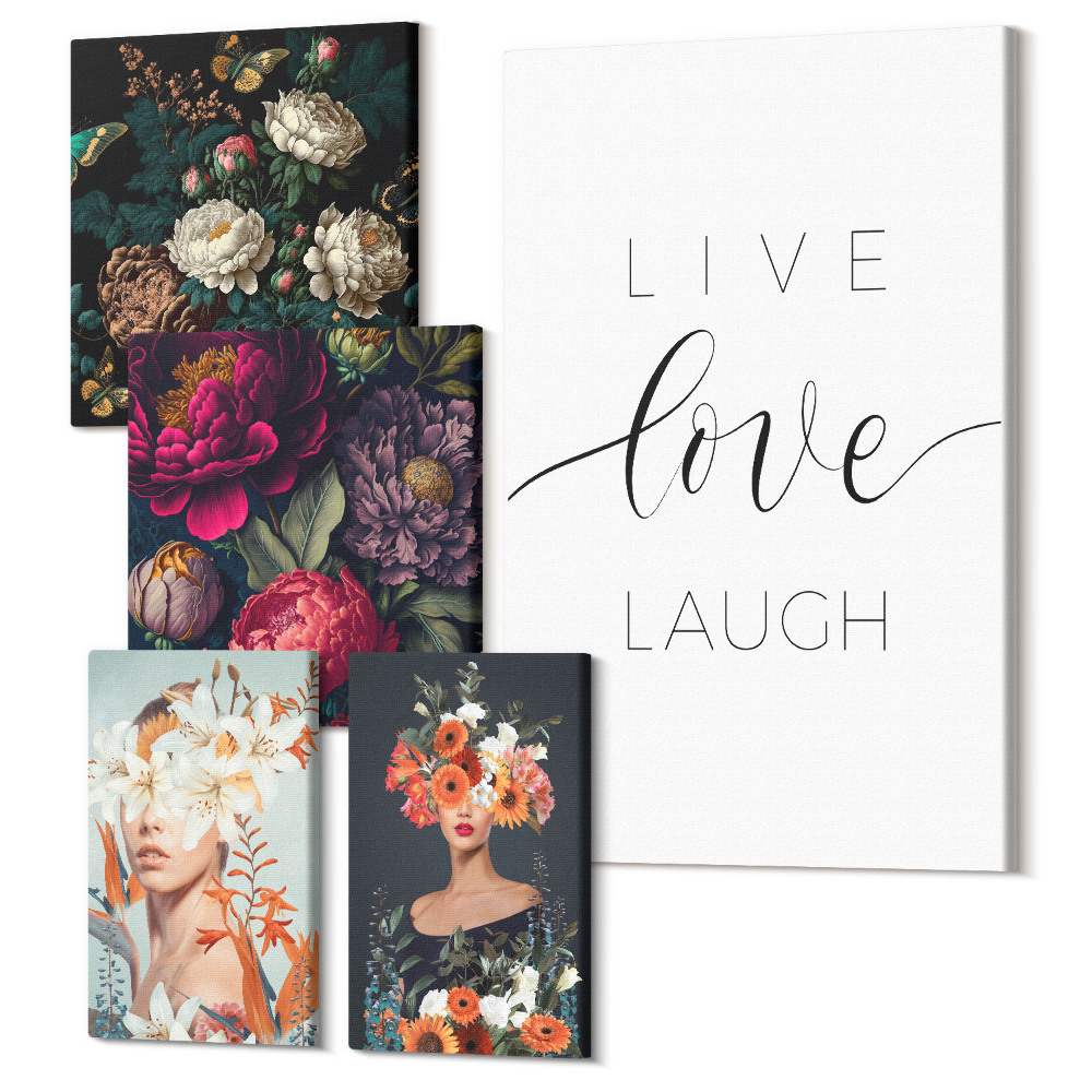 Sada obrazů pentaptych Květinové inspirace s motivačními slogany do interiéru