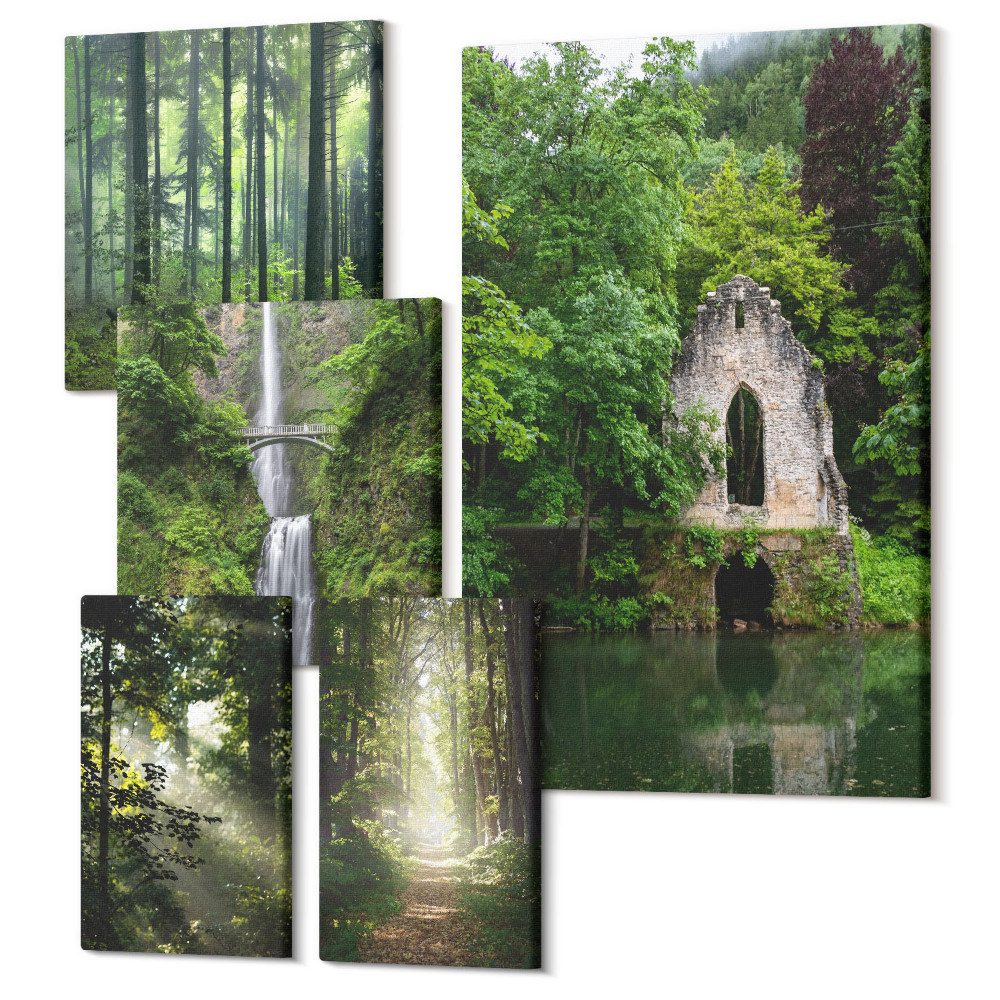 Sada obrazů na zeď pentaptych Zelené lesy a vodopády v přírodním prostředí