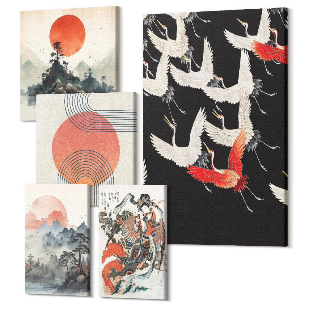 Sada 5 obrazů Japonské umění, témata přírody a tradice v moderním stylu