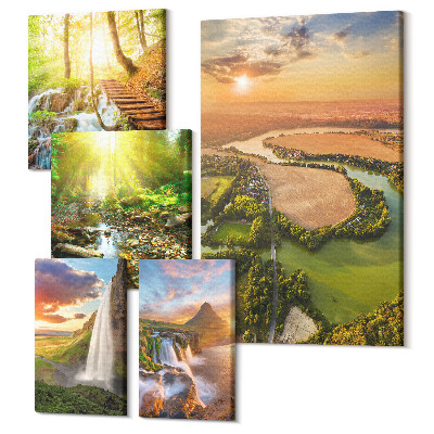 Sada 5 obrazů Přírodní krajiny s vodopády a zelenými údolími