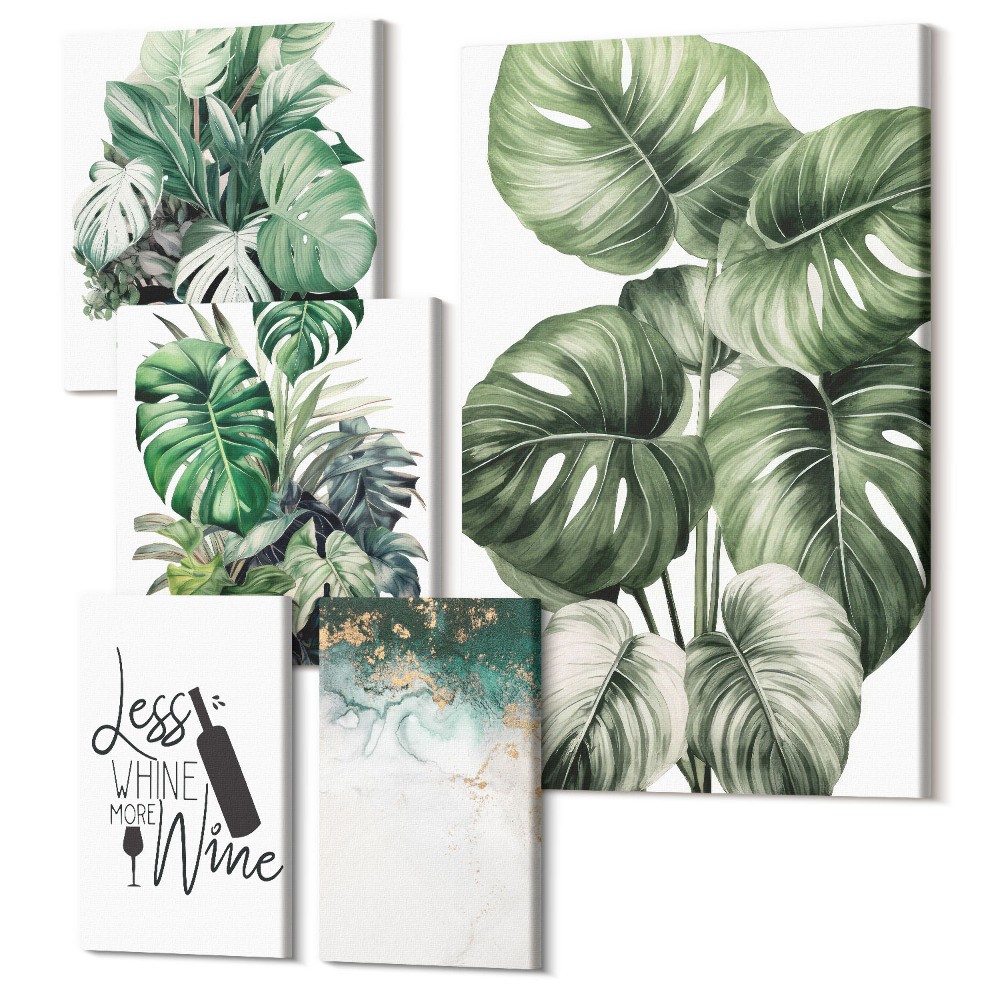 Sada obrazů pentaptych Rostlinné motivy s citáty a abstraktními akcenty