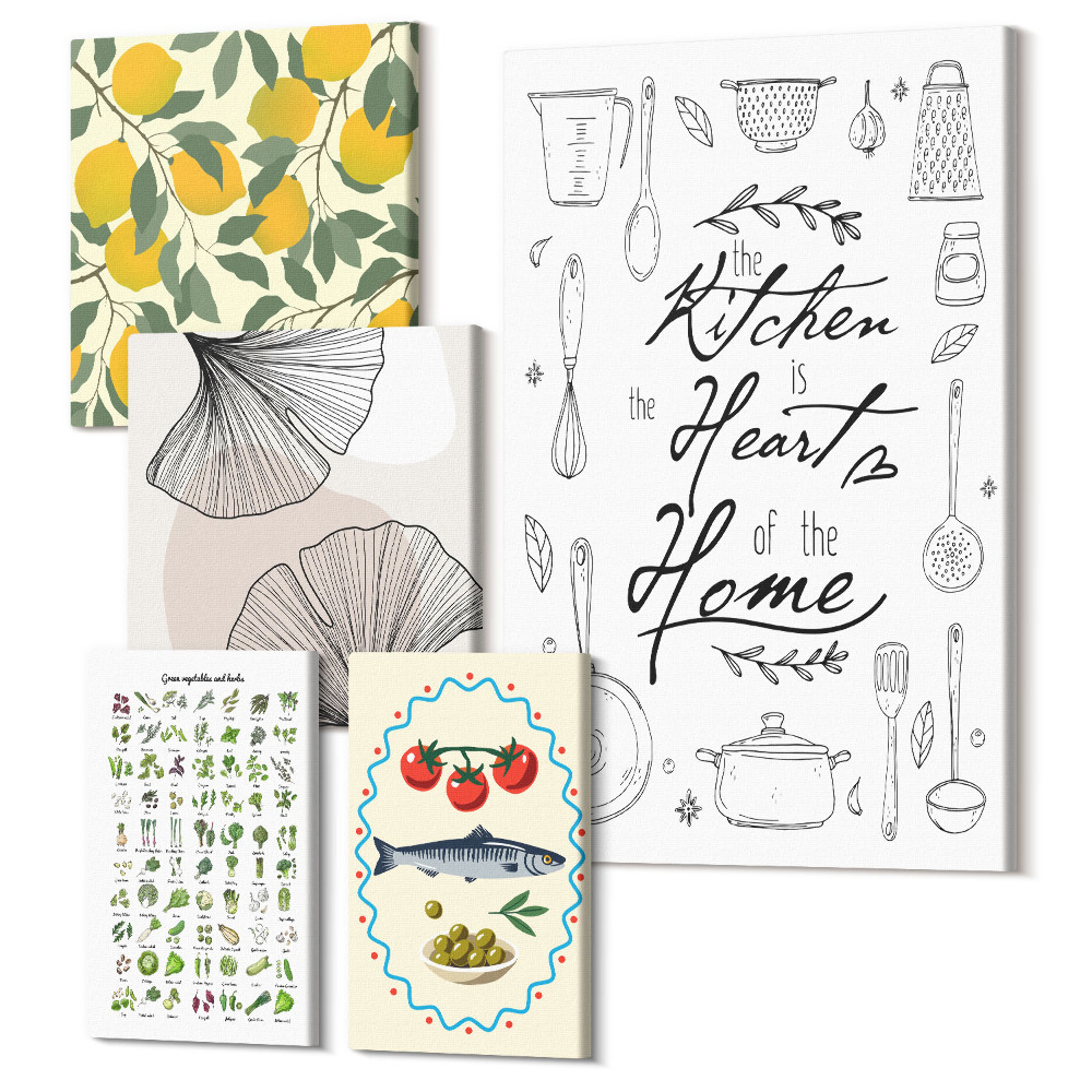 Sada obrazů na zeď pentaptych Kuchyně inspiruje stylové interiérové ​​akcenty