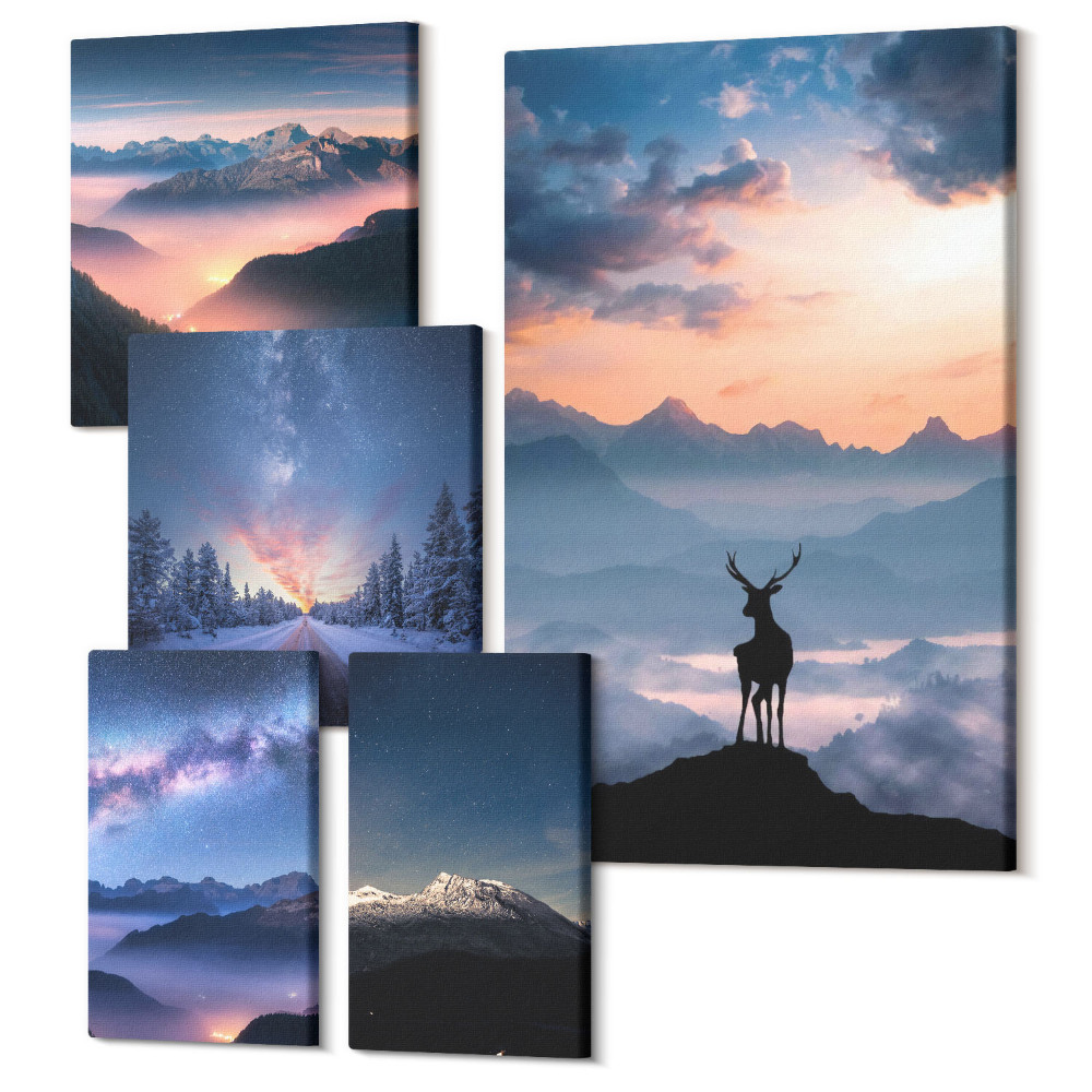 Sada 5 obrazů Horské krajiny s divokou zvěří a noční oblohou