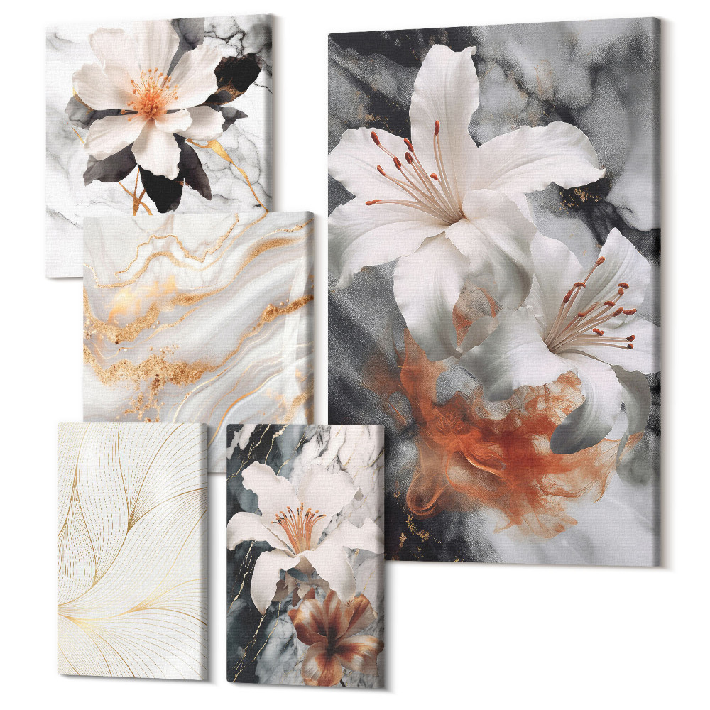 Sada obrazů pentaptych Květinové motivy na mramorovém pozadí v elegantním stylu