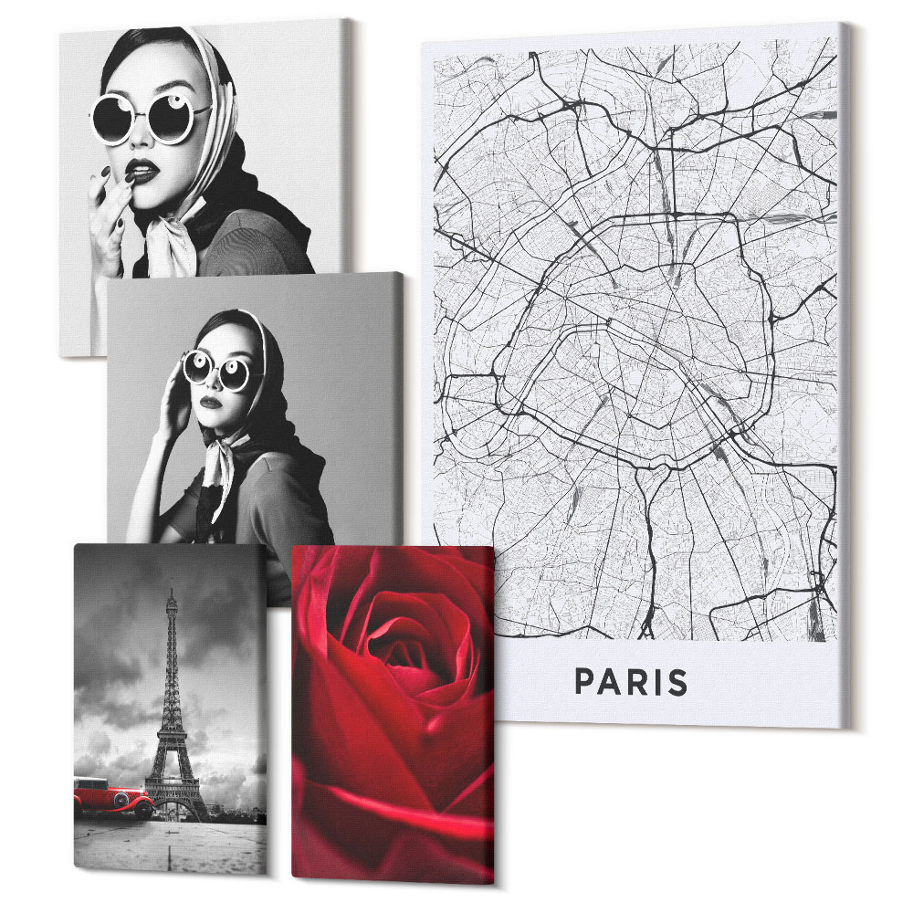 Sada obrazů na zeď pentaptych Stylové akcenty Paříže s módou a romantikou