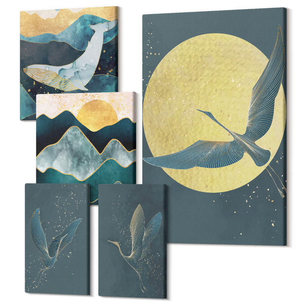 Sada obrazů pentaptych Ptáci v letu a horské krajiny v moderním stylu