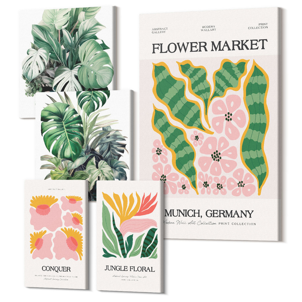 Sada obrazů na zeď pentaptych Rostlinné motivy a květinové akcenty v boho stylu