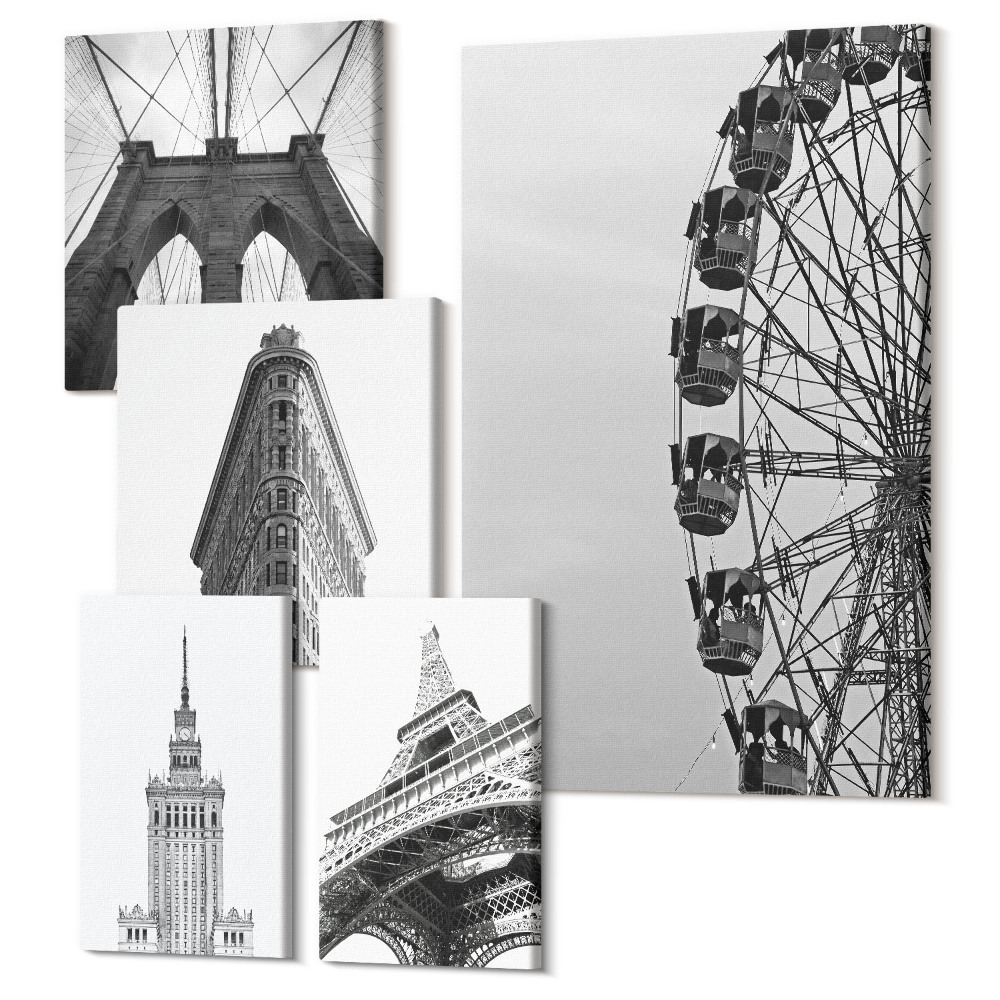 Sada obrazů na zeď pentaptych Architektura světových metropolí v černé a bílé