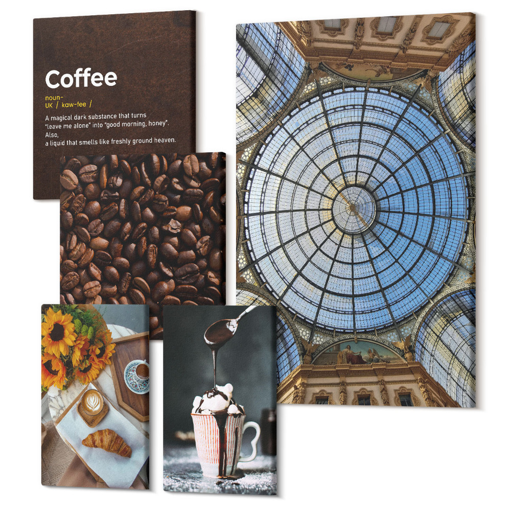 Sada obrazů na zeď pentaptych Káva a sladkosti v rustikálním a moderním stylu