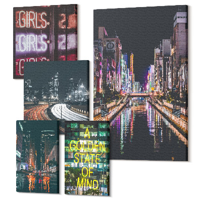 Sada obrazů pentaptych Moderní město v noci s neony a odrazy ve vodě