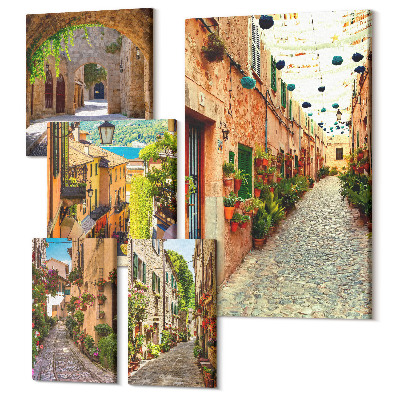 Sada 5 obrazů Okouzlující ulice se zelenými rostlinami ve městech