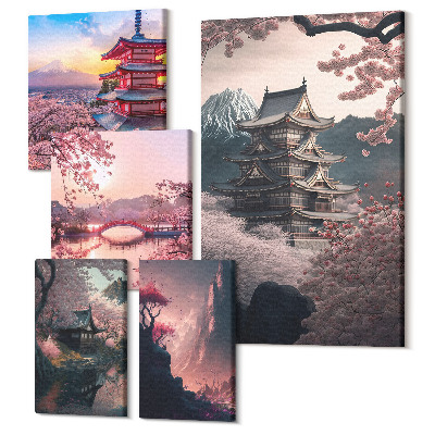 Sada obrazů na zeď pentaptych Japonské krajiny s třešňovými květy a pagodami
