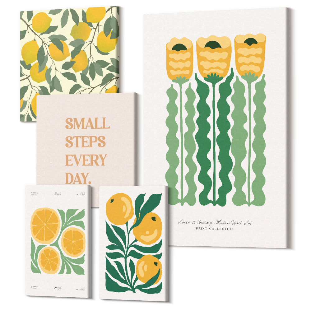 Sada obrazů na zeď pentaptych Květinové akcenty s citrusovými motivy a pozitivními slogany