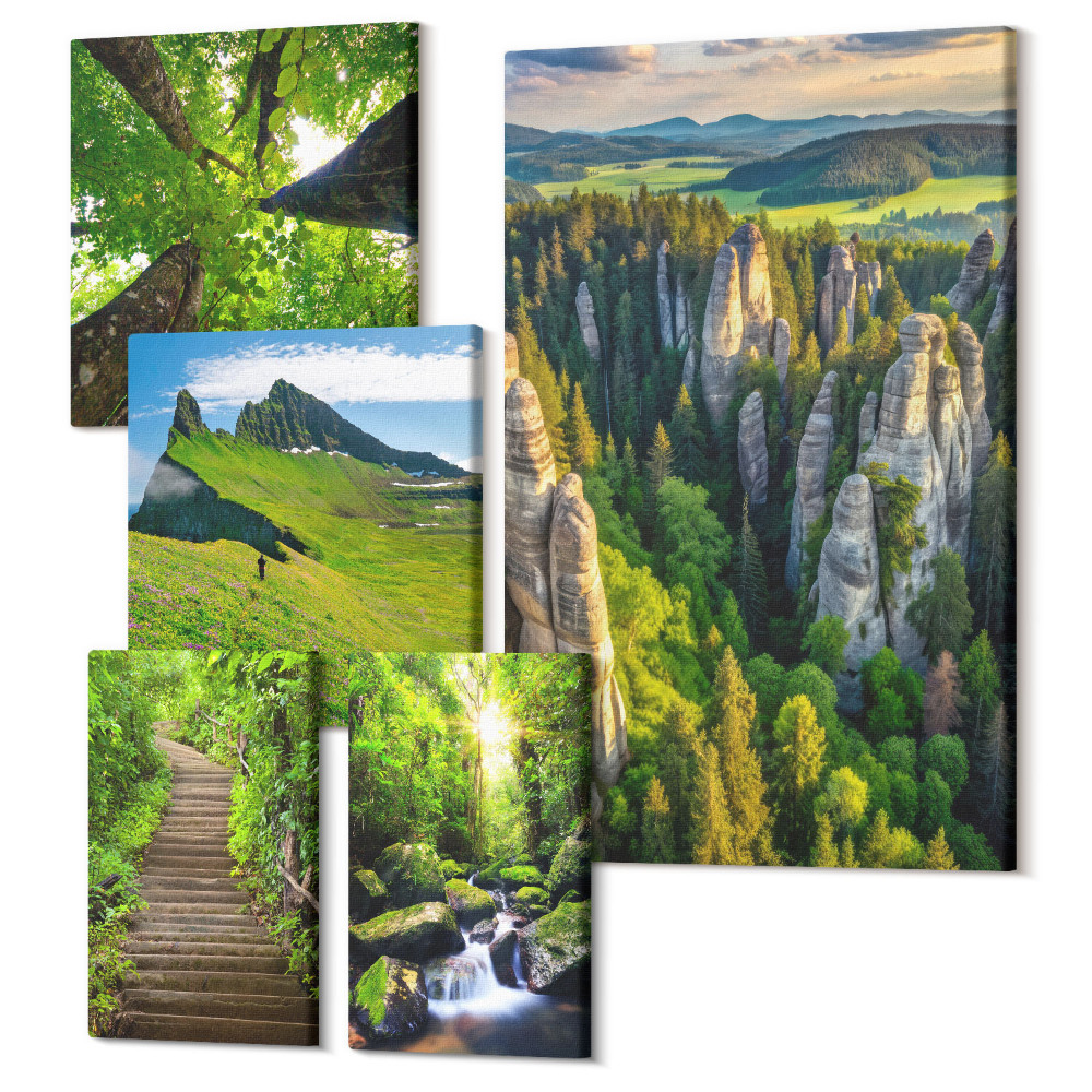 Sada obrazů pentaptych Zelená krajina s přírodou a malebnými cestami