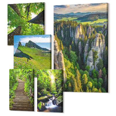 Sada obrazů pentaptych Zelená krajina s přírodou a malebnými cestami