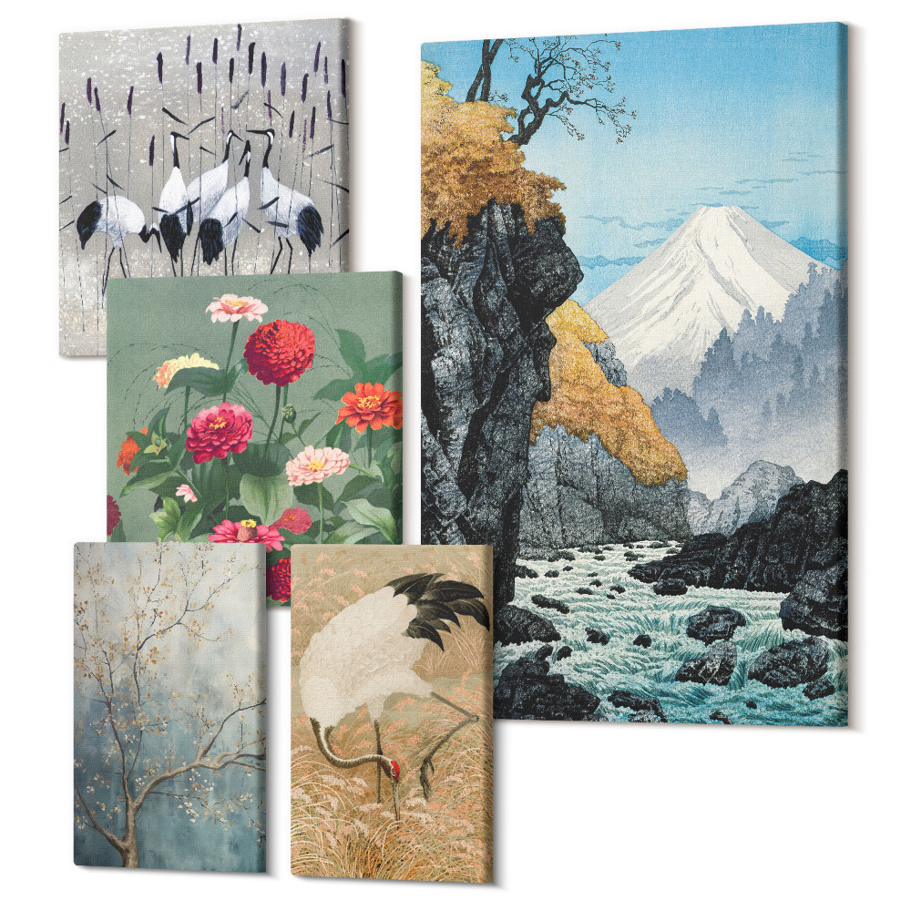 Sada obrazů pentaptych Přírodní krajiny v japonském stylu s květinami a ptáky