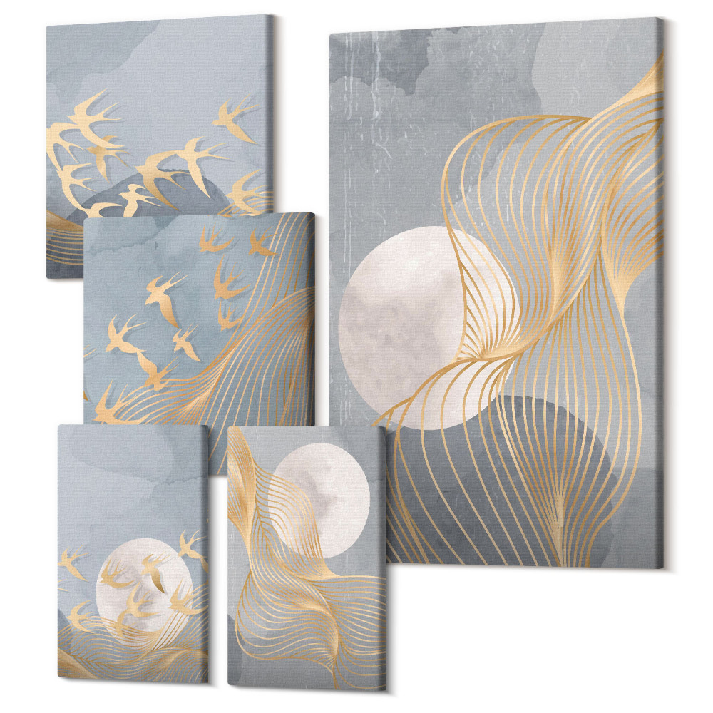 Sada obrazů na zeď pentaptych Abstraktní kompozice s vlnami a ptáky v pohybu