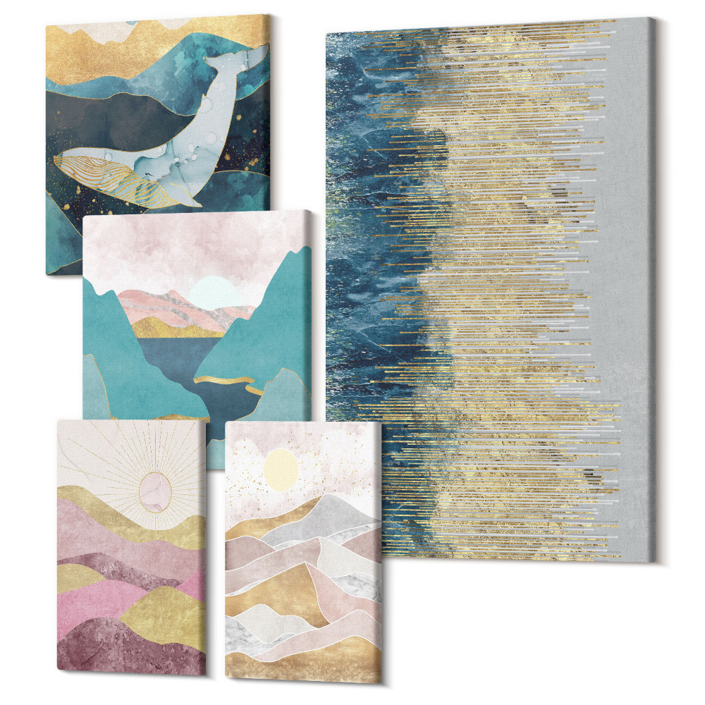 Sada obrazů pentaptych Abstraktní horské a mořské krajiny v moderním stylu