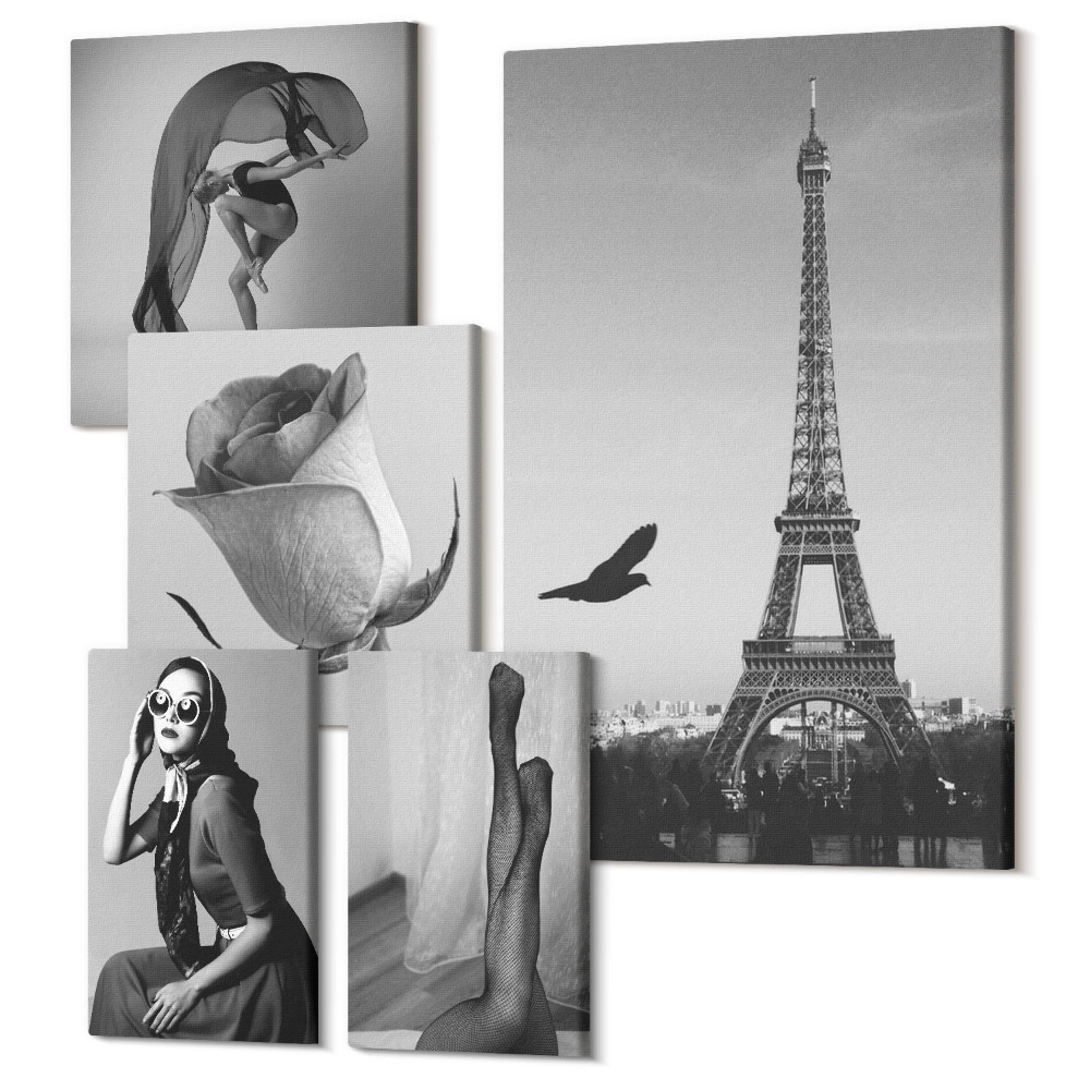 Sada 5 obrazů Stylové černobílé fotografie z Paříže a elegance žen