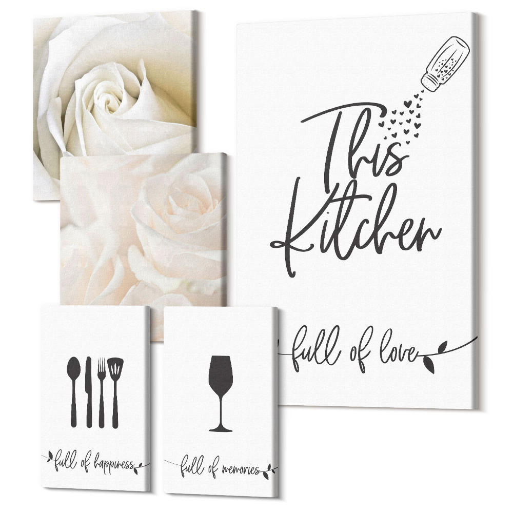 Sada 5 obrazů Stylová dekorace do kuchyně s rostlinnými motivy a nápisy