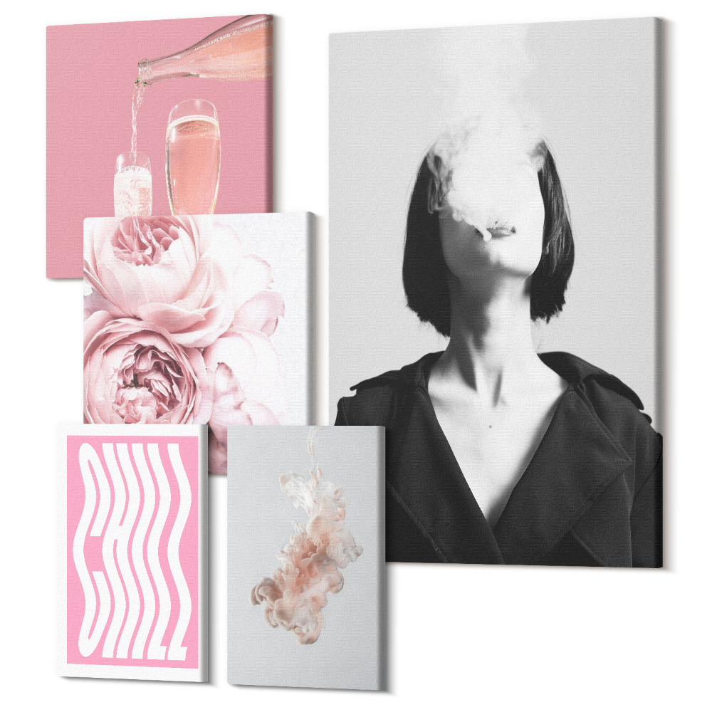 Sada obrazů pentaptych Stylové kompozice s růžovými akcenty a květinami
