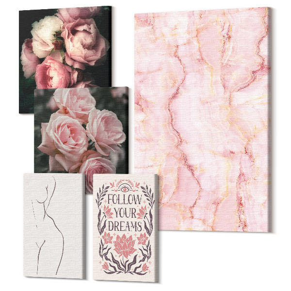 Sada obrazů na zeď pentaptych Růžové květy a minimalistické formy v boho stylu