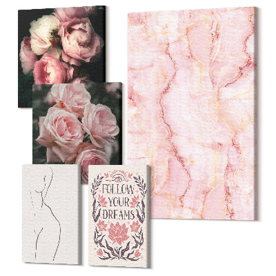 Sada obrazů na zeď pentaptych Růžové květy a minimalistické formy v boho stylu