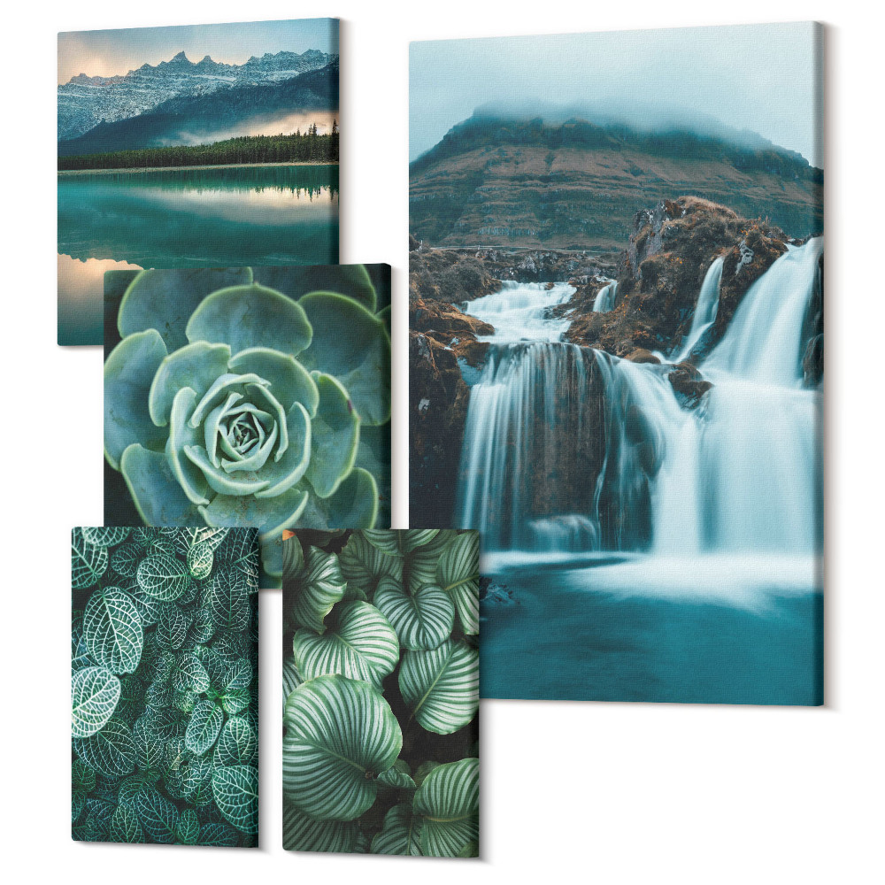 Sada obrazů pentaptych Zelené rostliny a vodopády v přírodním stylu