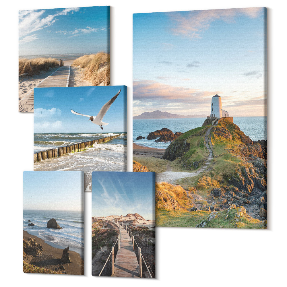 Sada 5 obrazů Výhledy na moře s majáky a plážemi v pozadí
