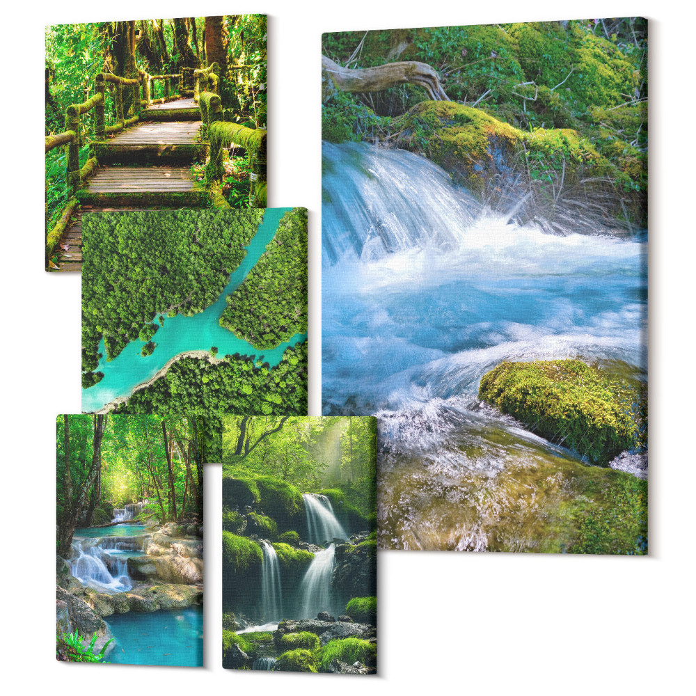 Sada 5 obrazů Zelené oázy klidu, vodopády a potůčky v lese