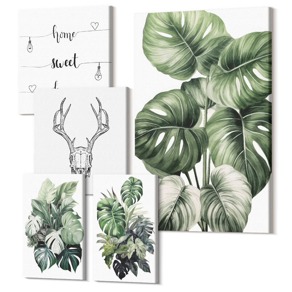 Sada obrazů na zeď pentaptych Rostlinné motivy s prvky přírody a slovem domov