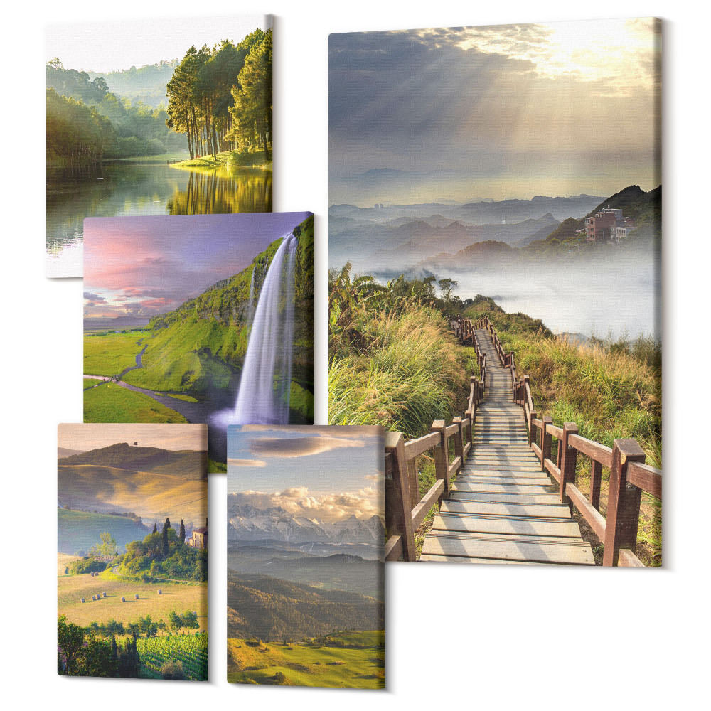 Sada 5 obrazů Přírodní krajina s vodopády a výhledem na hory