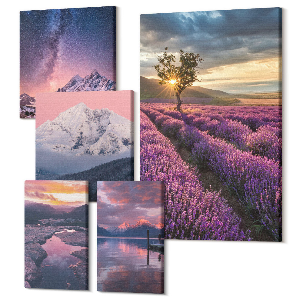 Sada 5 obrazů Přírodní krajiny s levandulovými poli a horami