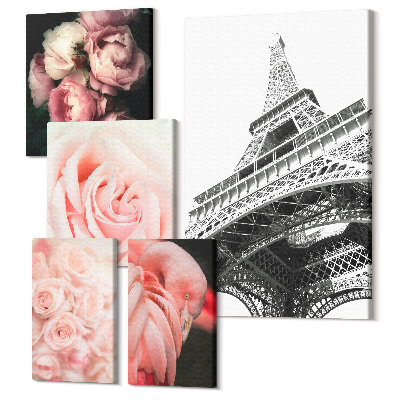 Sada obrazů pentaptych Růžové růže a Eiffelova věž v romantickém stylu