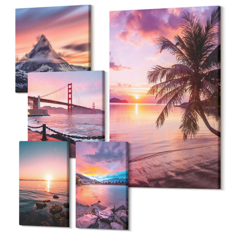 Sada 5 obrazů Přímořská krajina s palmami a výhledem na hory