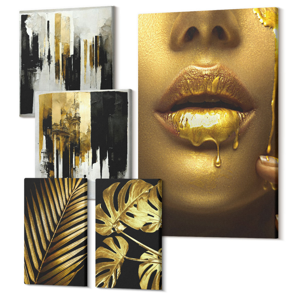Sada obrazů pentaptych Glamour styl s rostlinnými motivy a lidskými tvářemi
