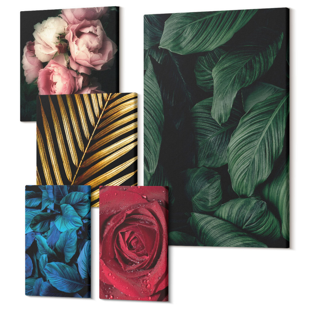 Sada obrazů na zeď pentaptych Rostlinné motivy s květinami a listy v přírodním stylu