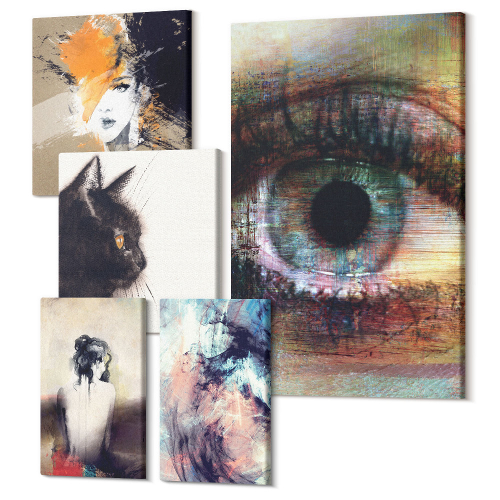 Sada obrazů na zeď pentaptych Moderní umělecké portréty a abstrakce v sadě