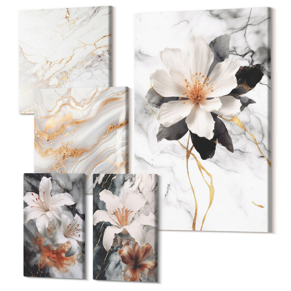 Sada obrazů pentaptych Květinové motivy na mramorovém pozadí v elegantním stylu