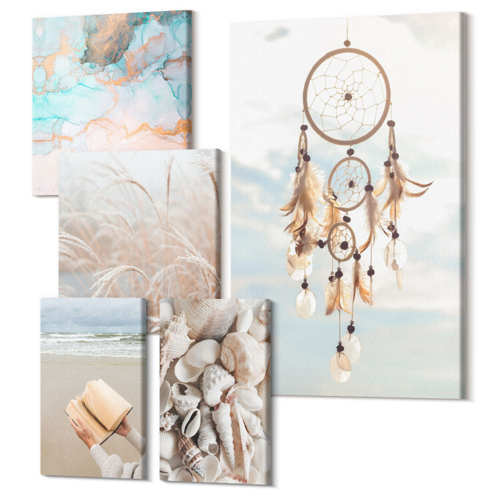Sada obrazů pentaptych Boho styl sní o pláži a přírodě v jemných tónech