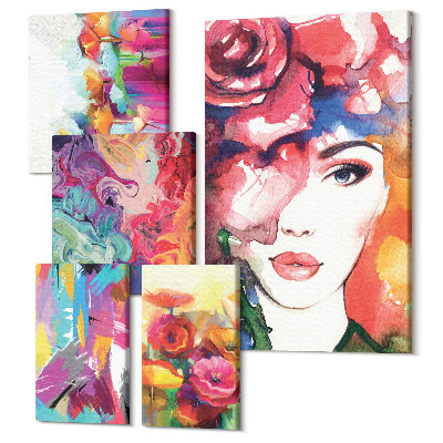 Sada obrazů na zeď pentaptych Barevné abstrakty a portréty v moderním stylu