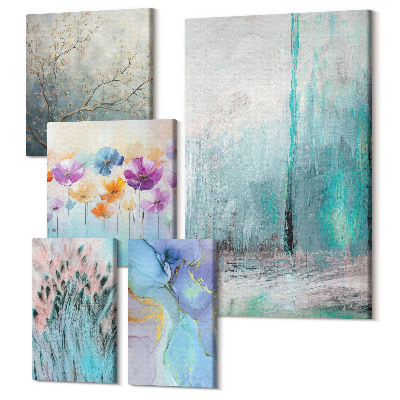 Sada 5 obrazů Abstraktní krajiny s květinami a jemnými motivy