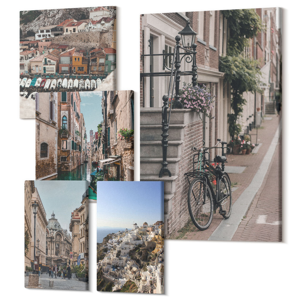 Sada 5 obrazů Okouzlující uličky evropských měst s koly a kanály