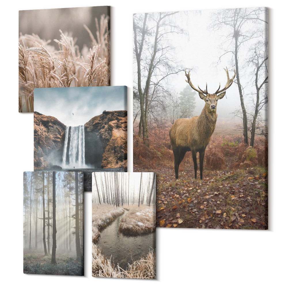 Sada obrazů pentaptych Přírodní divoké krajiny s lesními zvířaty