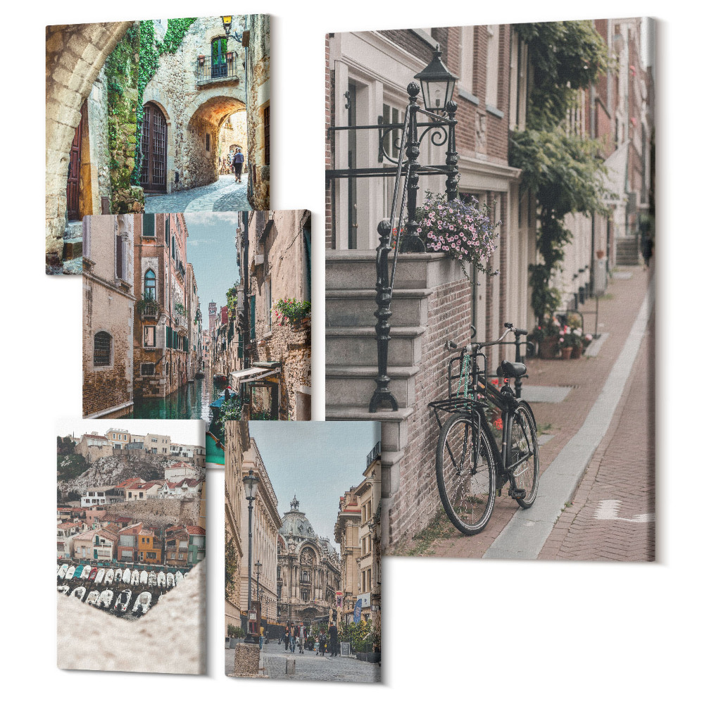 Sada 5 obrazů Okouzlující uličky evropských měst s koly a kanály